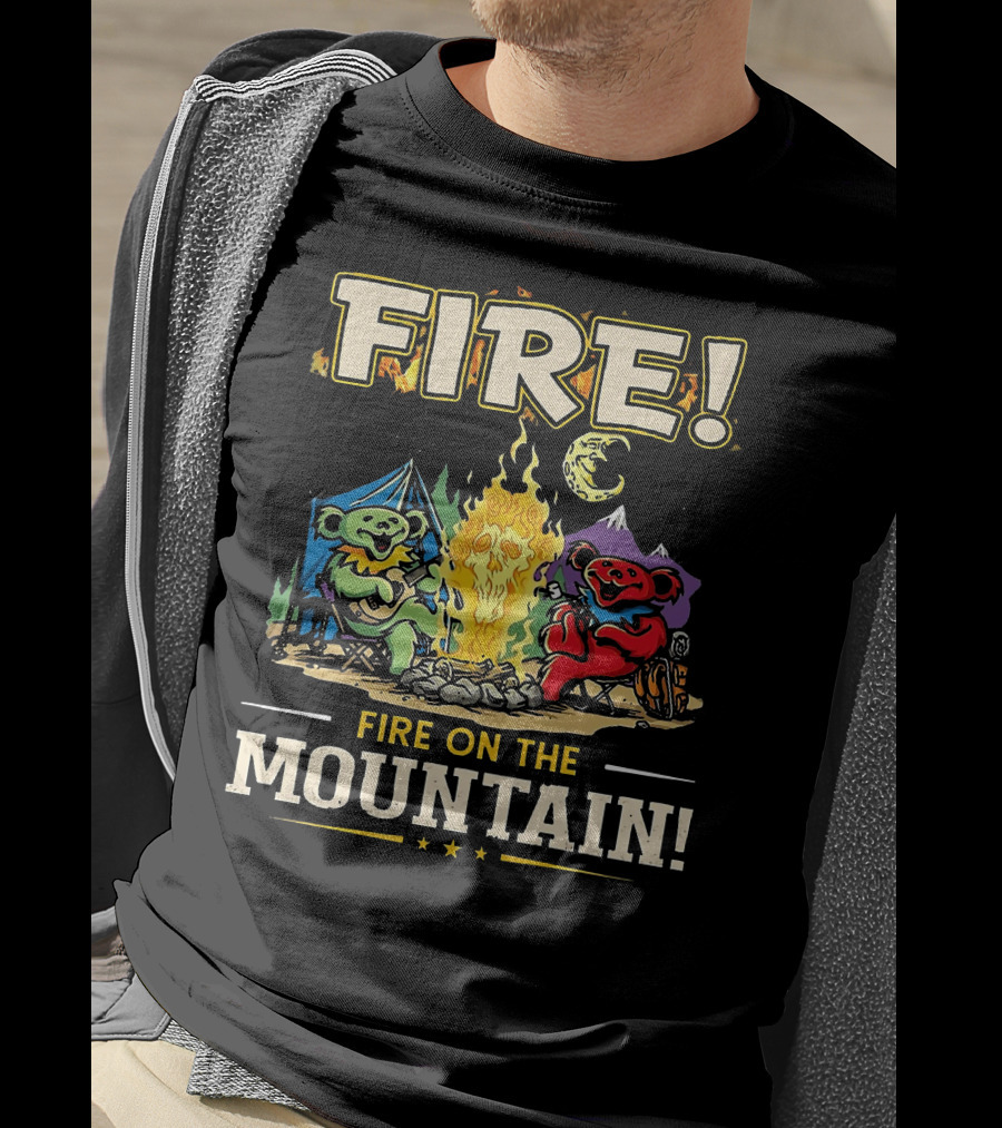 Grateful Dead Fire On The Mountain Camping Bears Campfire Scene T-Shirt