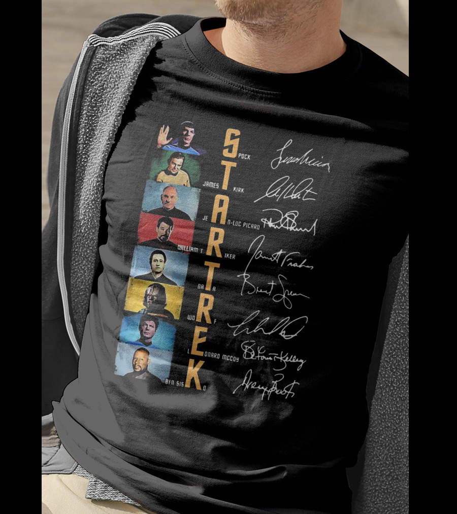 Star Trek Spock James Kirk Picard William T Riker Worf Leonard McCoy Ben Sisko Signatures T-Shirt