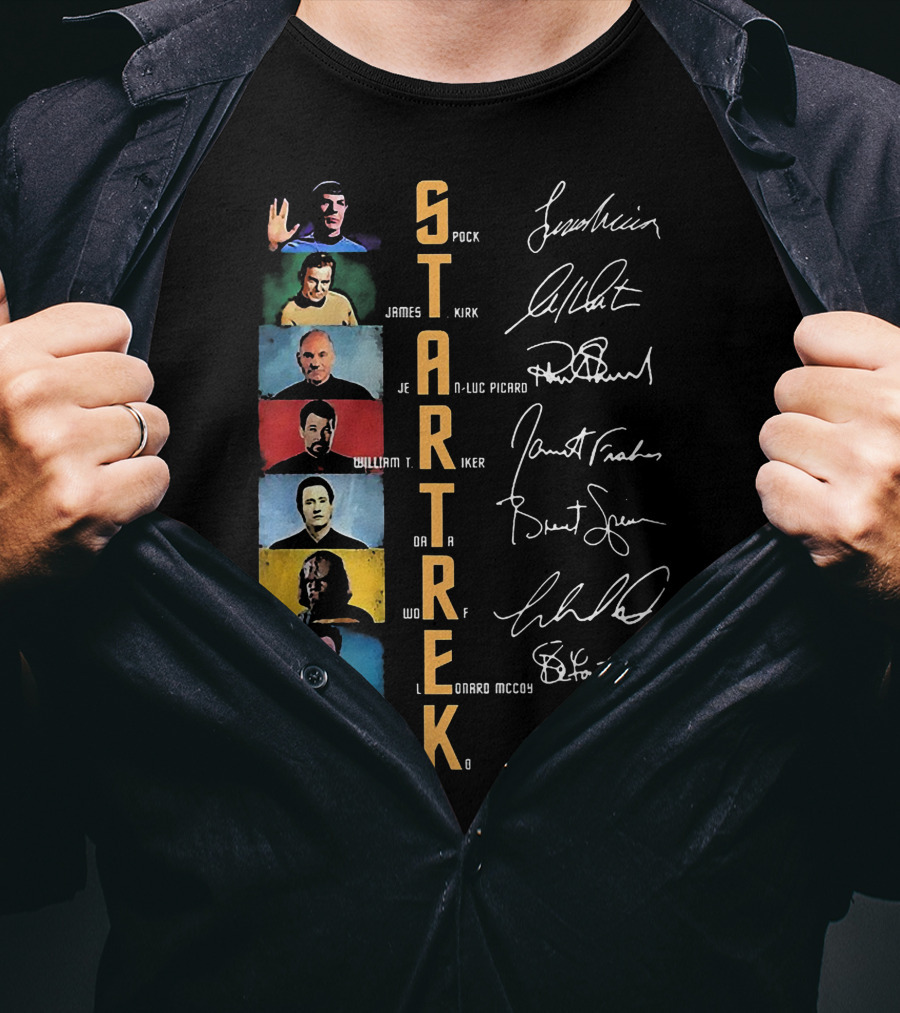 Star Trek Spock James Kirk Picard William T Riker Worf Leonard McCoy Ben Sisko Signatures T-Shirt