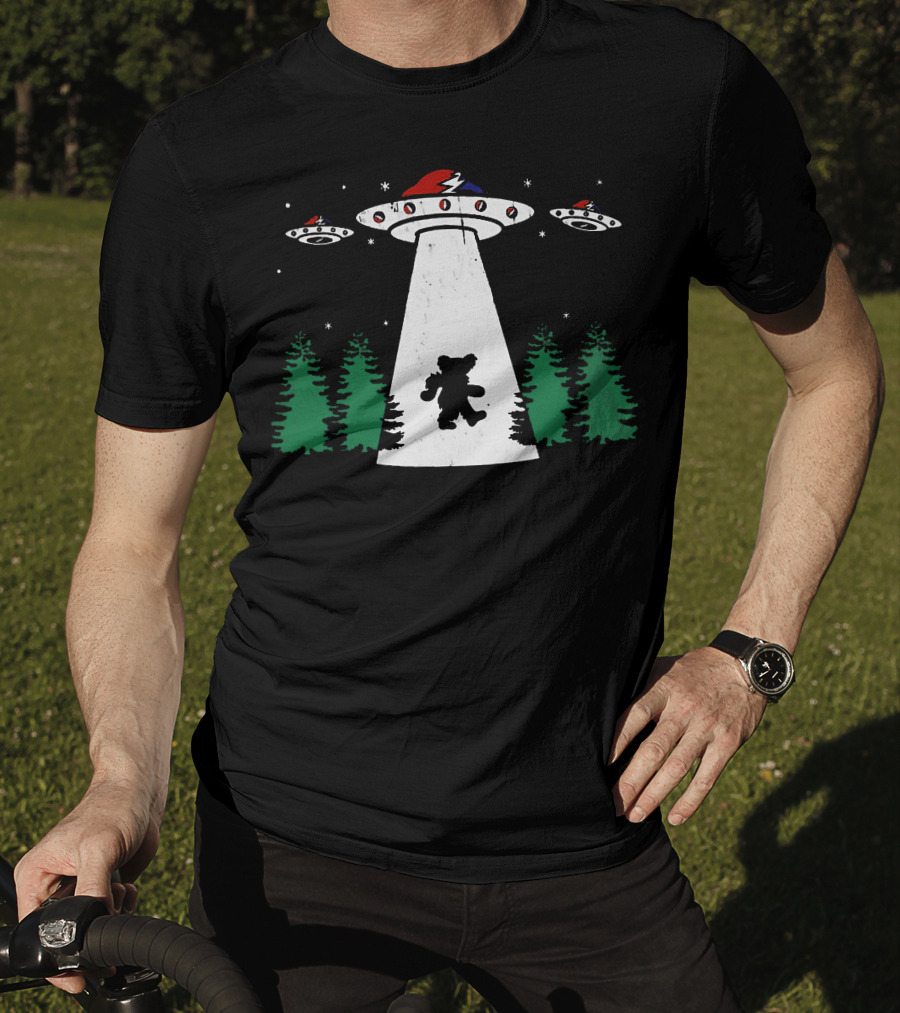 Grateful Dead Bear Abducted By UFO With Lightning Bolt And Red Hat T-Shirt