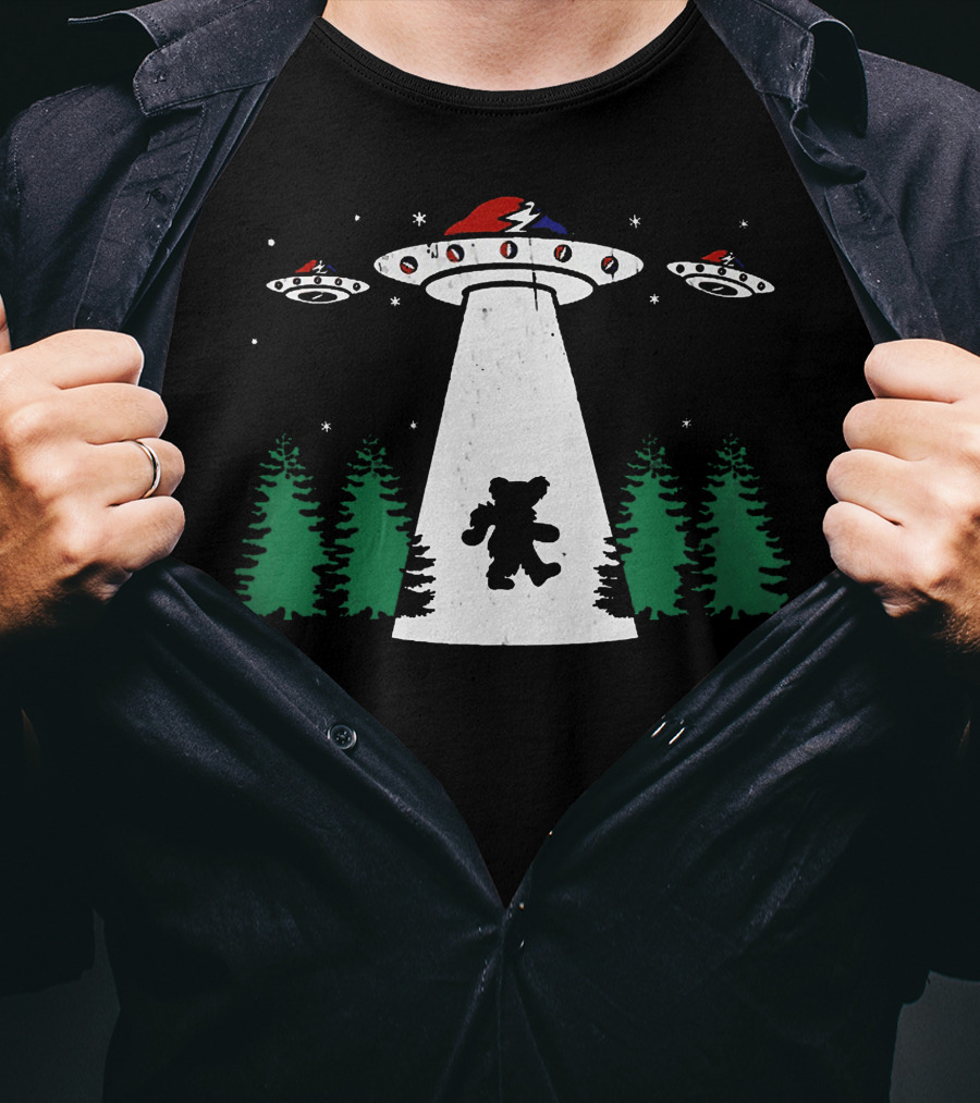 Grateful Dead Bear Abducted By UFO With Lightning Bolt And Red Hat T-Shirt