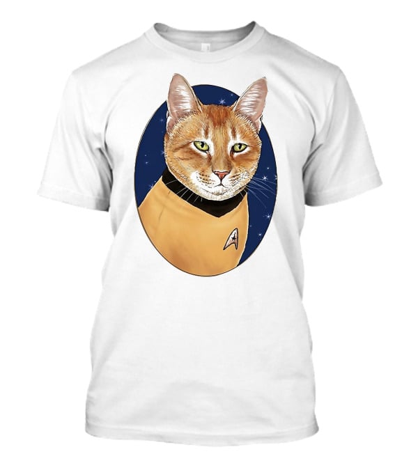 Star Trek Cat In Captain Uniform With Emblem On Starry Background T-Shirt