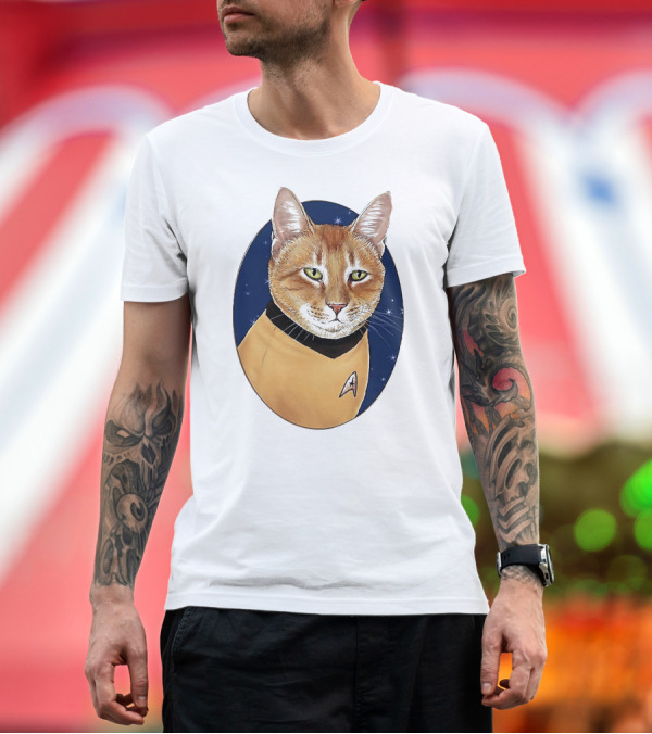 Premium T-Shirt: Star Trek Cat in Captain Uniform with Emblem on Starry Background T-Shirt Star Trek Cat in Captain Uniform with Emblem on Starry Background T-Shirt