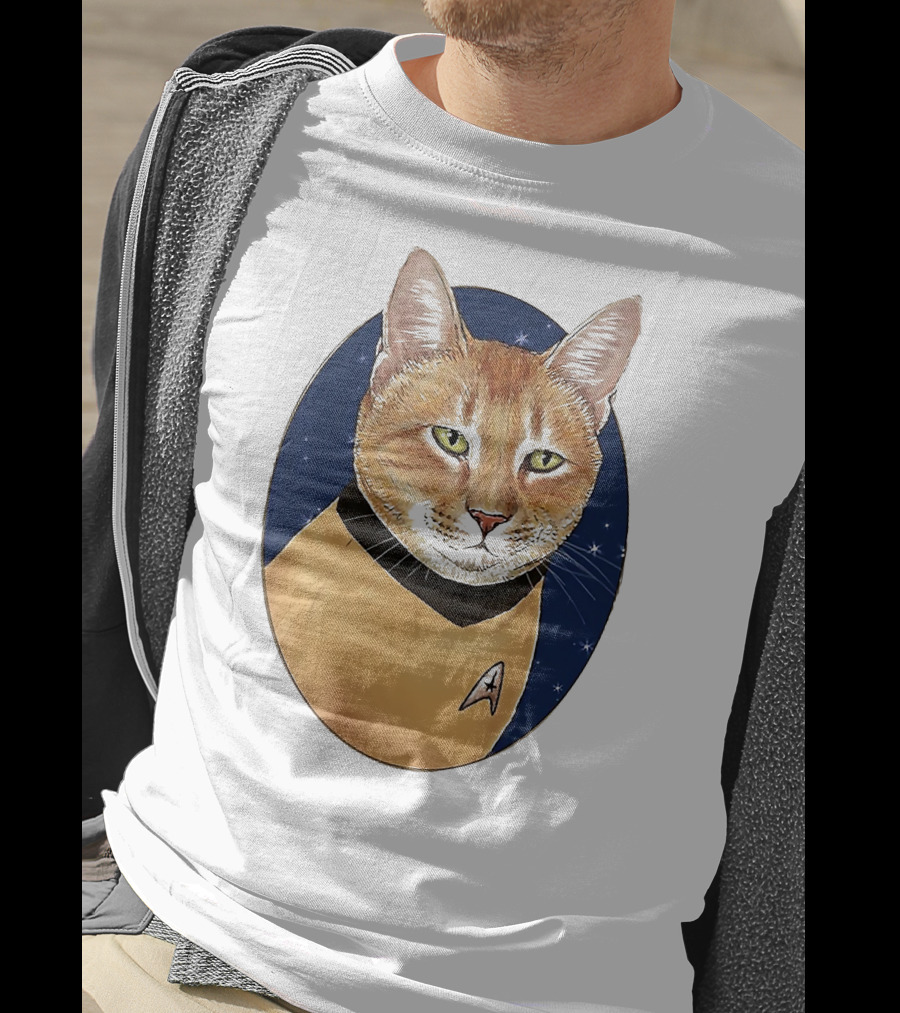Star Trek Cat In Captain Uniform With Emblem On Starry Background T-Shirt