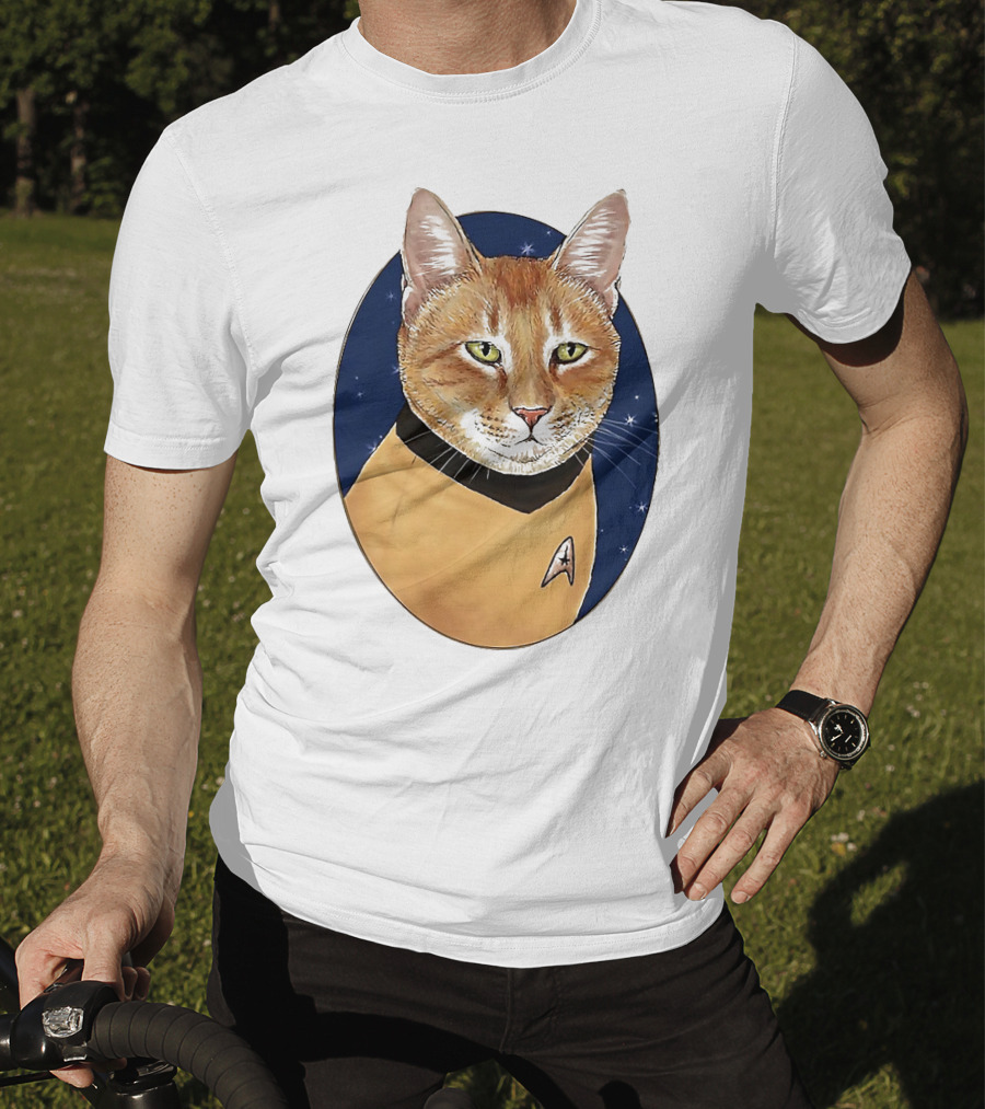 Star Trek Cat In Captain Uniform With Emblem On Starry Background T-Shirt