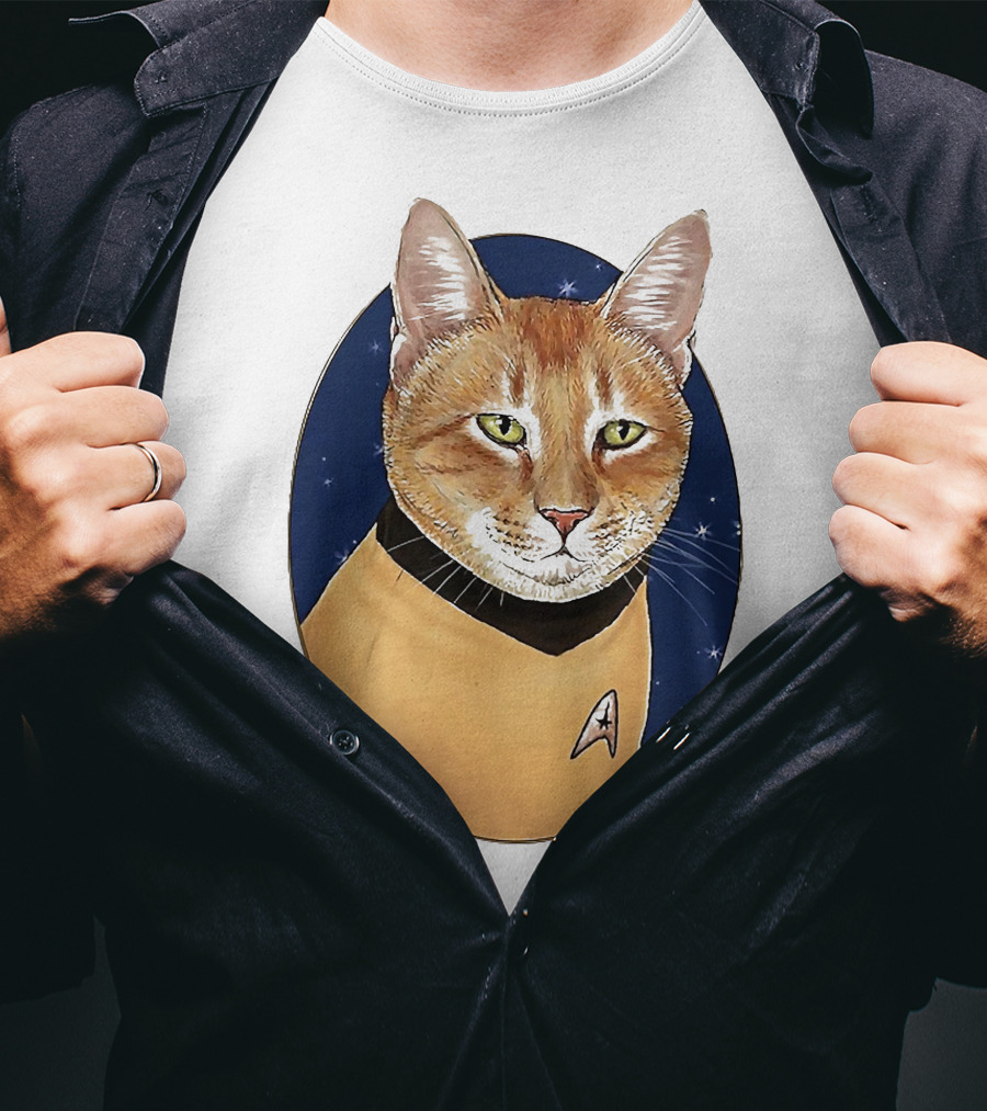 Star Trek Cat In Captain Uniform With Emblem On Starry Background T-Shirt