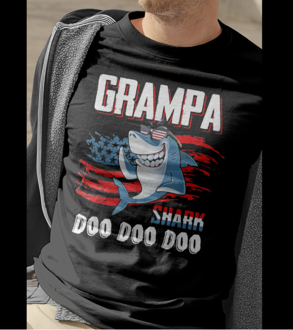 Grampa Shark Doo Doo Doo American Flag Sunglasses Patriotic Father's Day 4th Of July T-Shirt