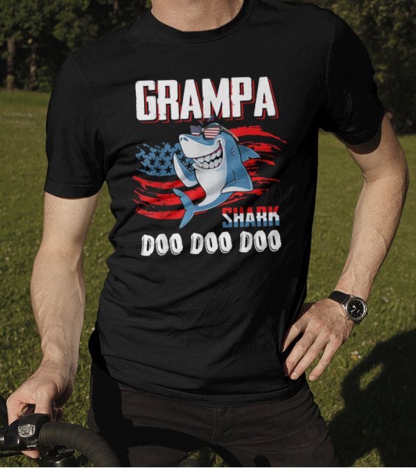 Grampa Shark Doo Doo Doo American Flag Sunglasses Patriotic Father's Day 4th Of July T-Shirt