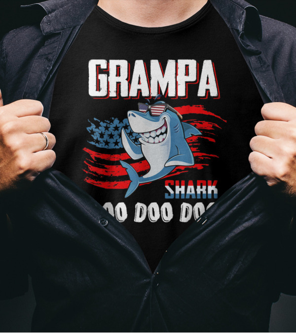 Grampa Shark Doo Doo Doo American Flag Sunglasses Patriotic Father's Day 4th Of July T-Shirt