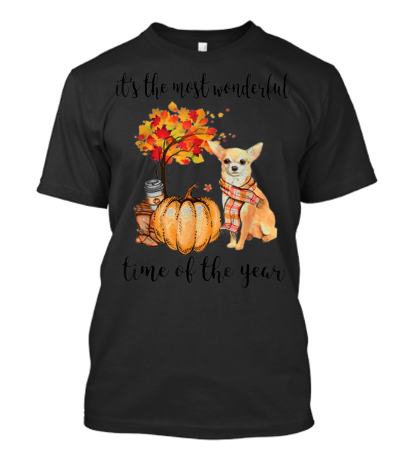 It's The Most Wonderful Time Of The Year Chihuahua Autumn Leaves Pumpkin Scarf Coffee T-Shirt