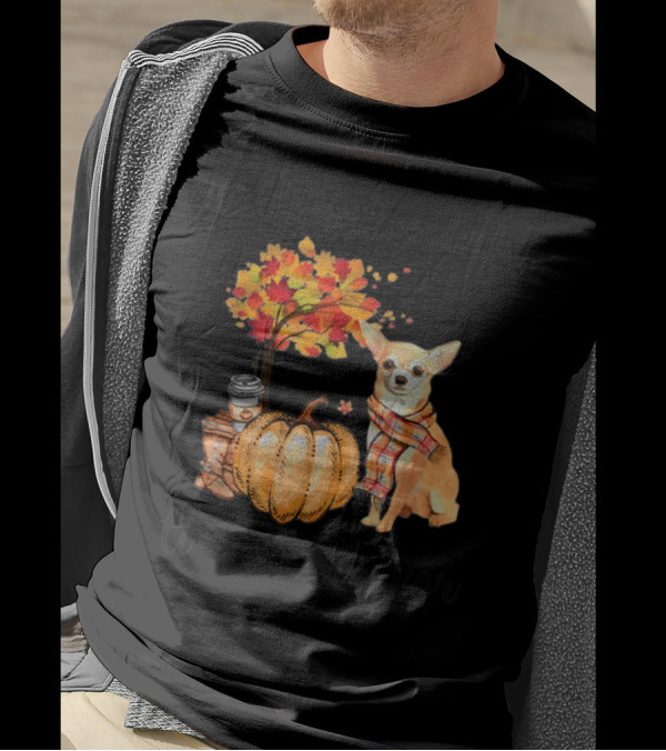 It's The Most Wonderful Time Of The Year Chihuahua Autumn Leaves Pumpkin Scarf Coffee T-Shirt
