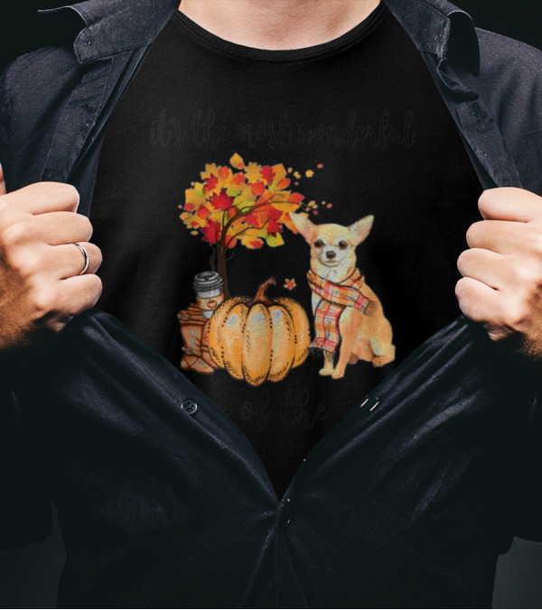 It's The Most Wonderful Time Of The Year Chihuahua Autumn Leaves Pumpkin Scarf Coffee T-Shirt