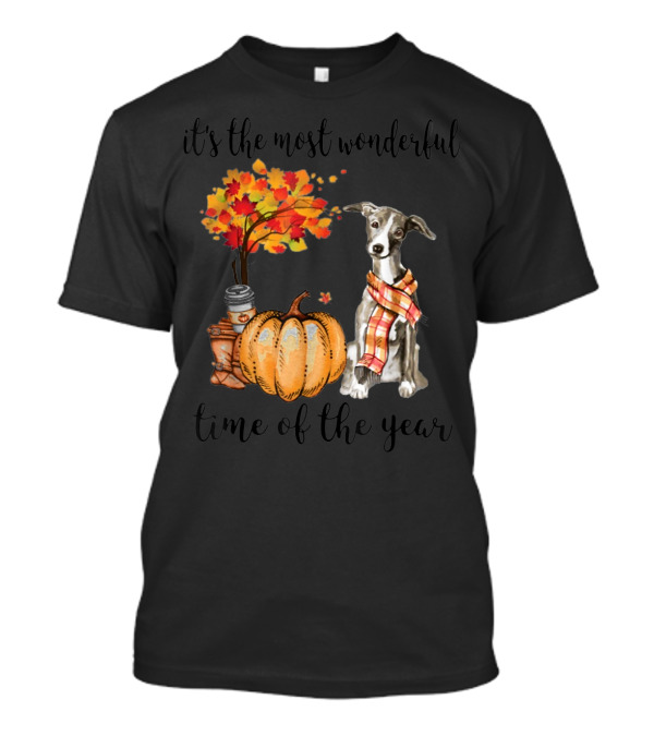 It's The Most Wonderful Time Of The Year Greyhound Autumn Pumpkin Leaves Scarf Coffee T-Shirt