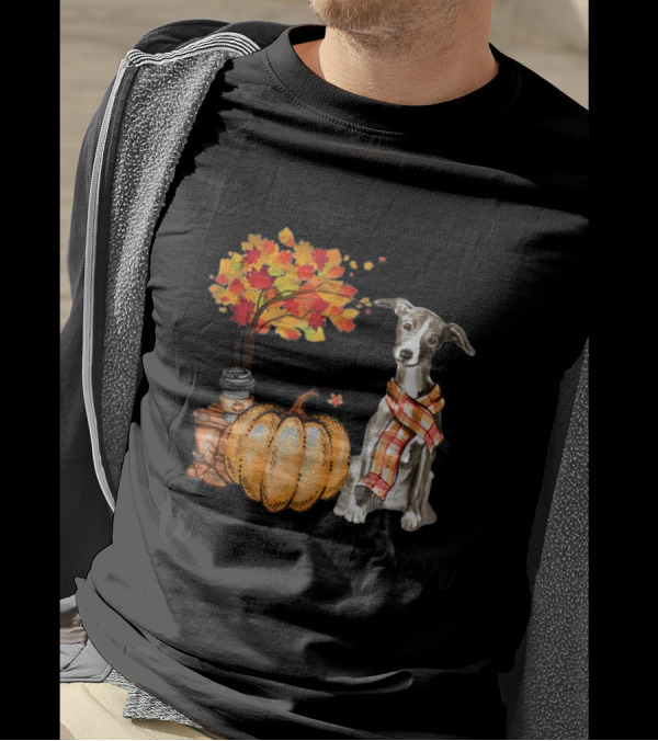 It's The Most Wonderful Time Of The Year Greyhound Autumn Pumpkin Leaves Scarf Coffee T-Shirt