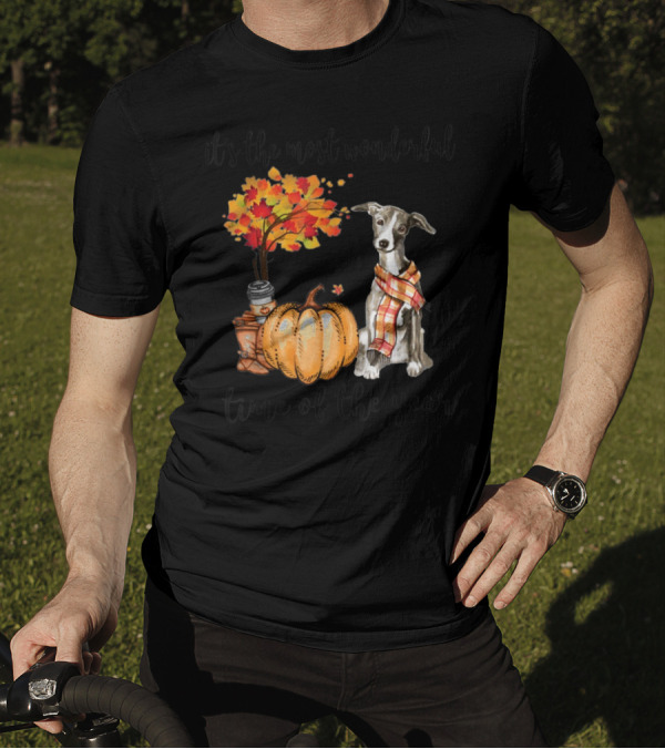 It's The Most Wonderful Time Of The Year Greyhound Autumn Pumpkin Leaves Scarf Coffee T-Shirt