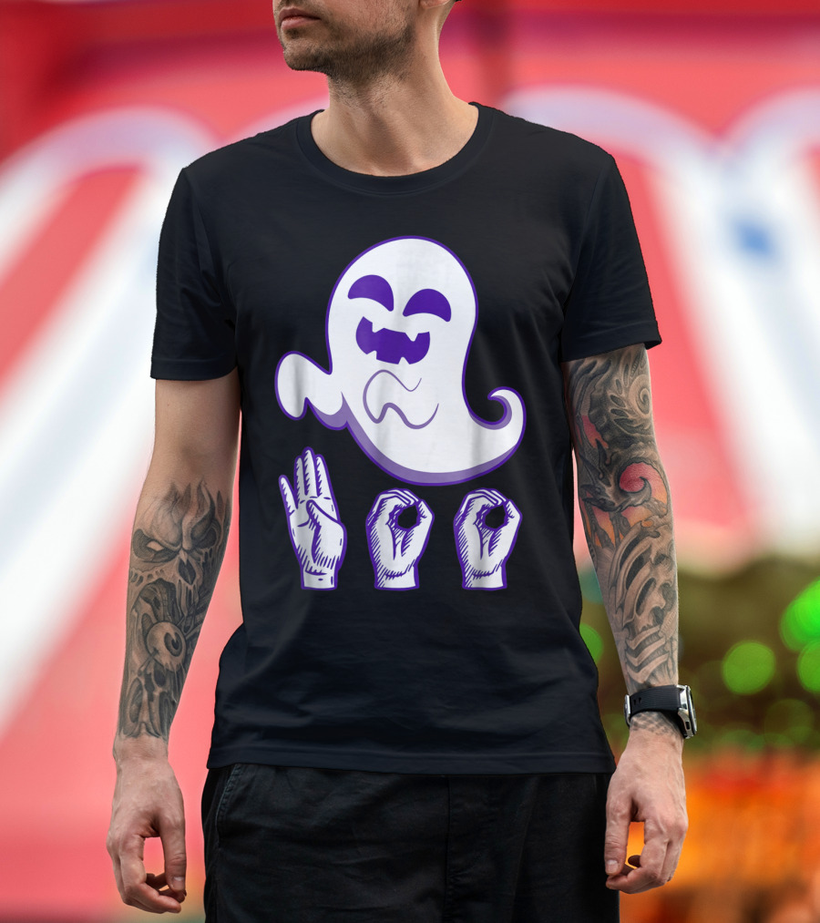 BOO Ghost with ASL Sign Language Hand Gesture Fun Halloween T-Shirt