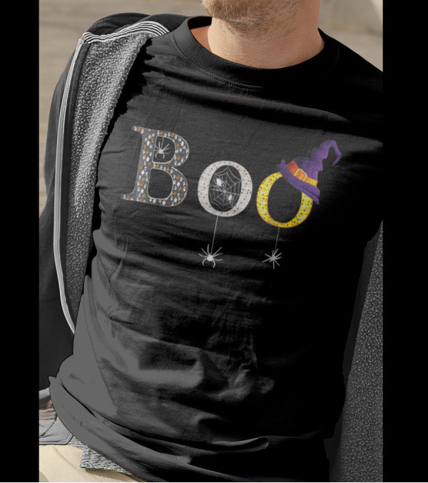 Boo Halloween With Spiders Web And Witch Hat Decor T-Shirt