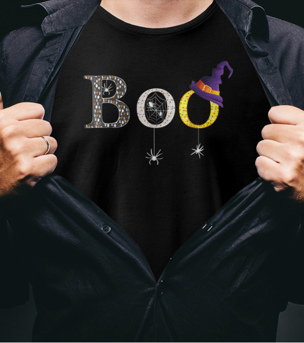 Boo Halloween With Spiders Web And Witch Hat Decor T-Shirt