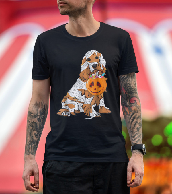 Premium T-Shirt: Cocker Spaniel Wrapped as Mummy with Halloween Pumpkin Basket T-Shirt Cocker Spaniel Wrapped as Mummy with Halloween Pumpkin Basket T-Shirt