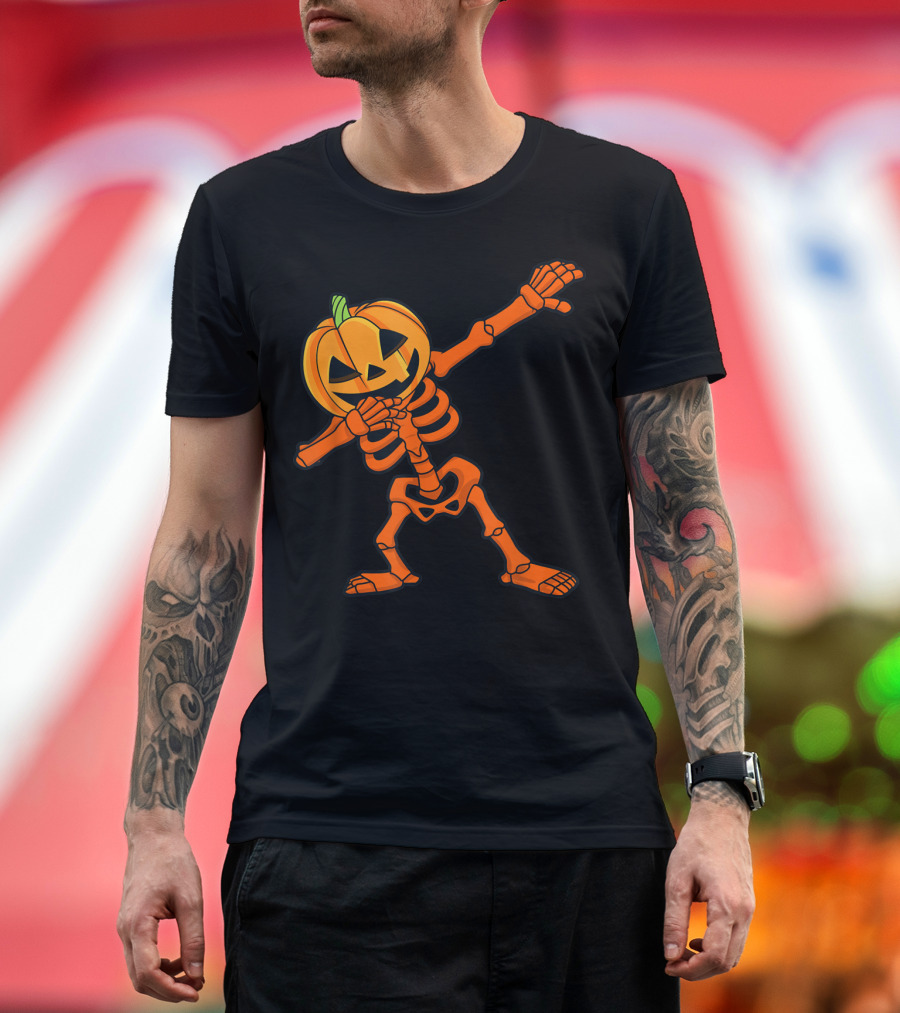 Dabbing Skeleton Pumpkin Head Halloween Dab Pose T-Shirt