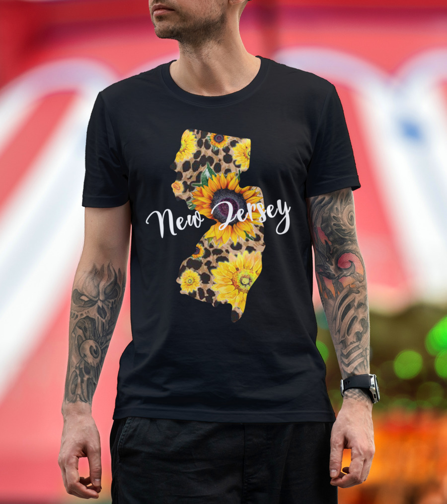 New Jersey Sunflower Leopard Print Map Wildflower T-Shirt