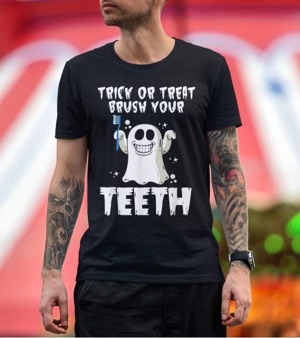 Premium T-Shirt: Trick Or Treat Brush Your Teeth Funny Dentist Ghost with Toothbrush T-Shirt Trick Or Treat Brush Your Teeth Funny Dentist Ghost with Toothbrush T-Shirt