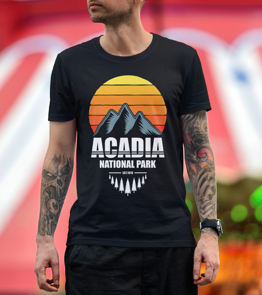 Acadia National Park Mountains Est. 1919 Sunset Pine Trees T-Shirt