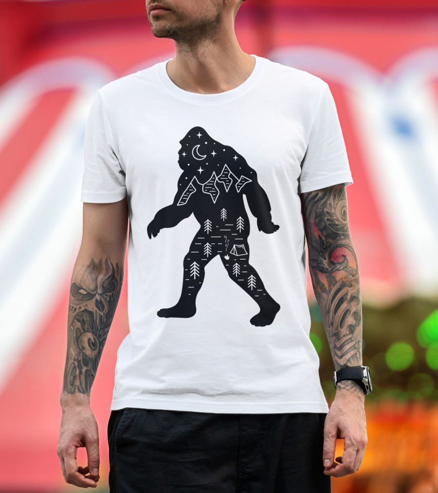 Bigfoot Sasquatch Hiking Under Night Sky with Trees and Tent T-Shirt