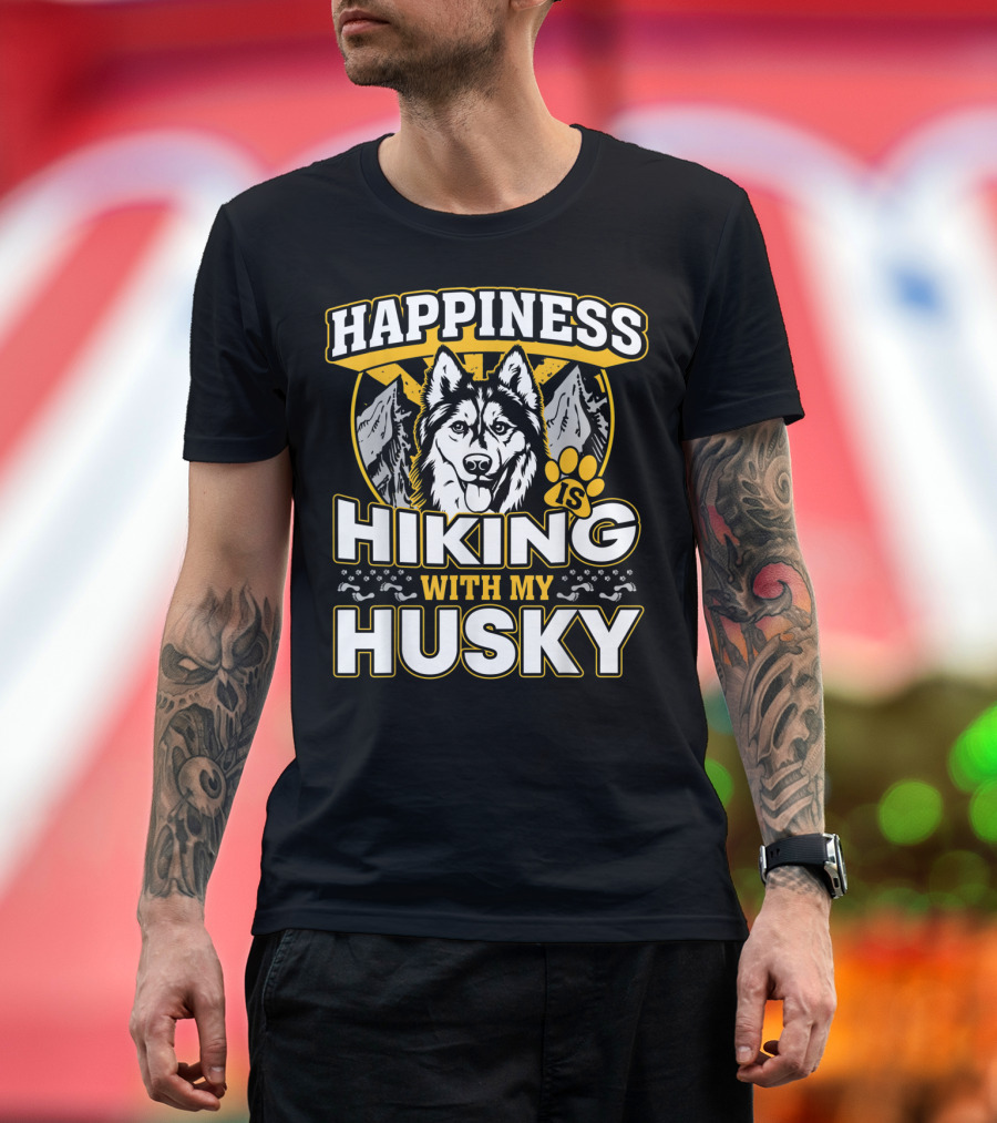 Happiness Is Hiking With My Husky Mountains Paw Prints T-Shirt