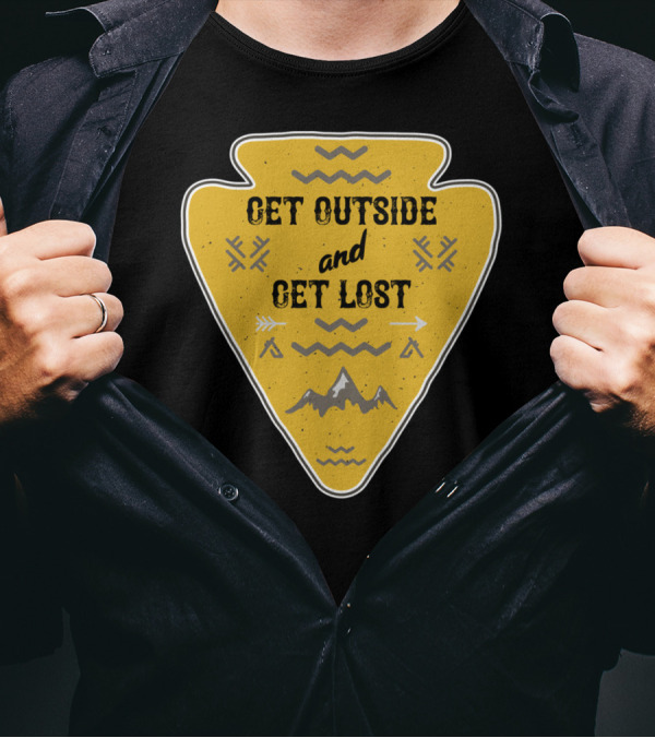 Get Outside And Get Lost Arrowhead Hiking Adventure With Mountain And Arrow Motif T-Shirt