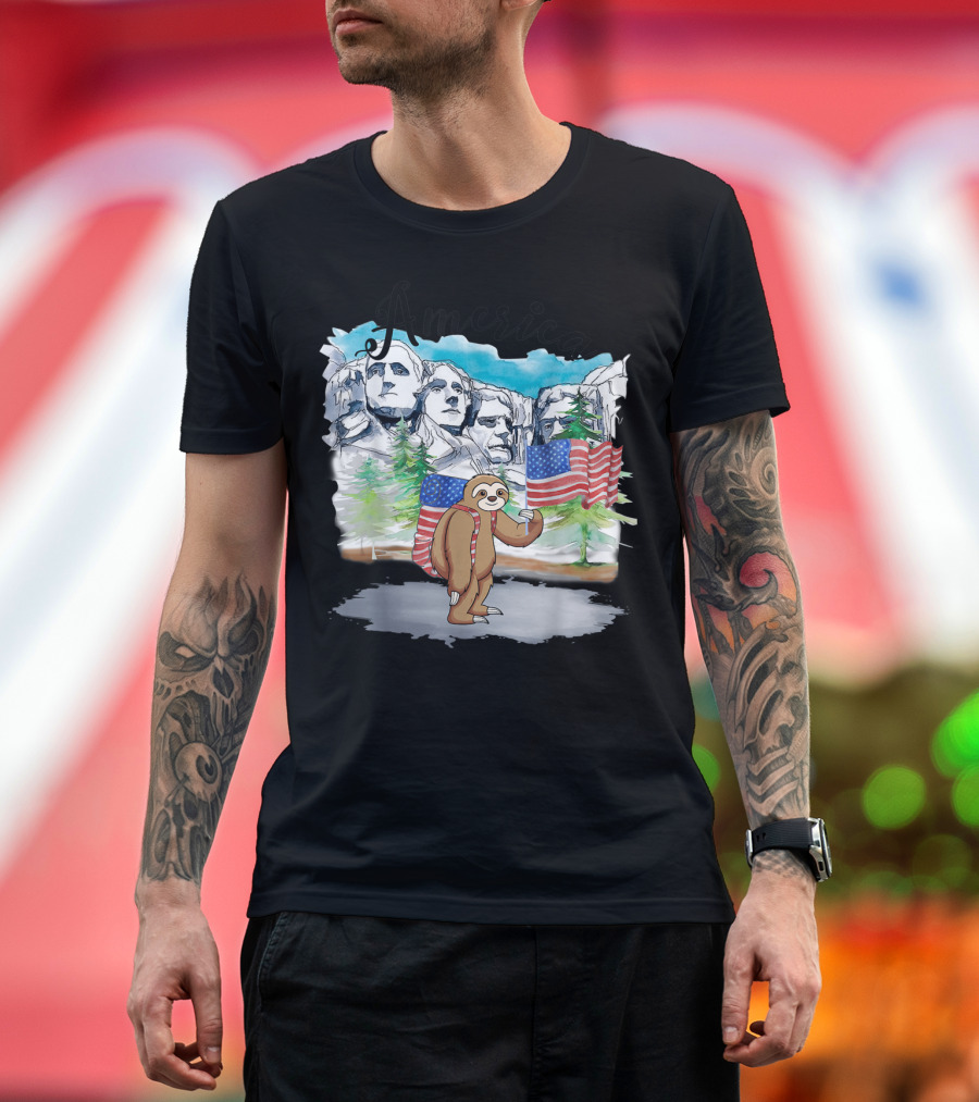America Hiking Sloth with Flag at Mount Rushmore T-Shirt