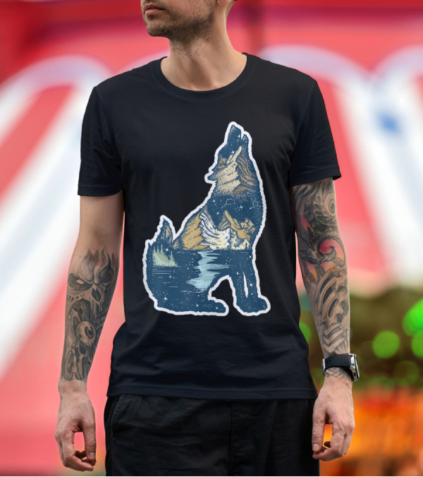 Premium T-Shirt: Howling Wolf Mountains Camping Travel Hiking Lake Night Sky T-Shirt Howling Wolf Mountains Camping Travel Hiking Lake Night Sky T-Shirt