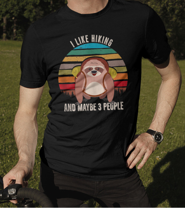 I Like Hiking And Maybe 3 People Sloth Backpack Retro Stripes T-Shirt