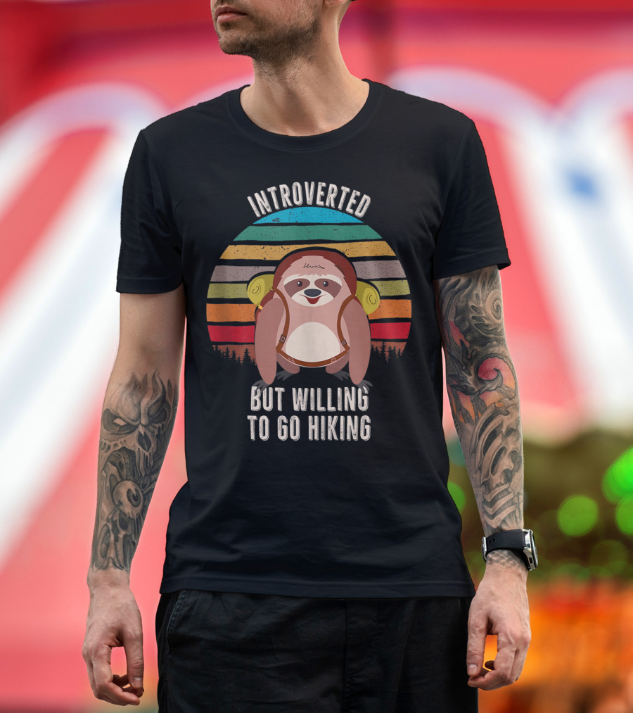 Introverted But Willing To Go Hiking Sloth Retro Stripes T-Shirt