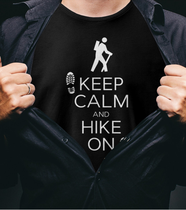 Keep Calm And Hike On Hiking And Backpacking Boot Prints And Stick Figure T-Shirt