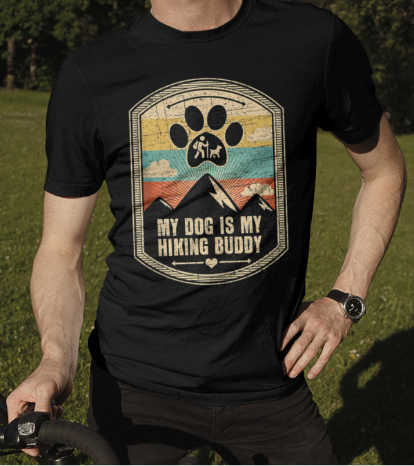 My Dog Is My Hiking Buddy Paw Print Mountain Retro Sunset T-Shirt