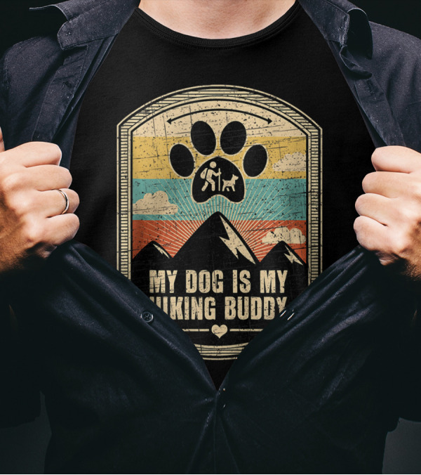 My Dog Is My Hiking Buddy Paw Print Mountain Retro Sunset T-Shirt