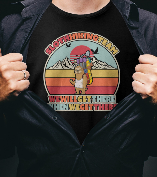 Sloth Hiking Team We Will Get There When We Get There Retro Sunset Mountains T-Shirt