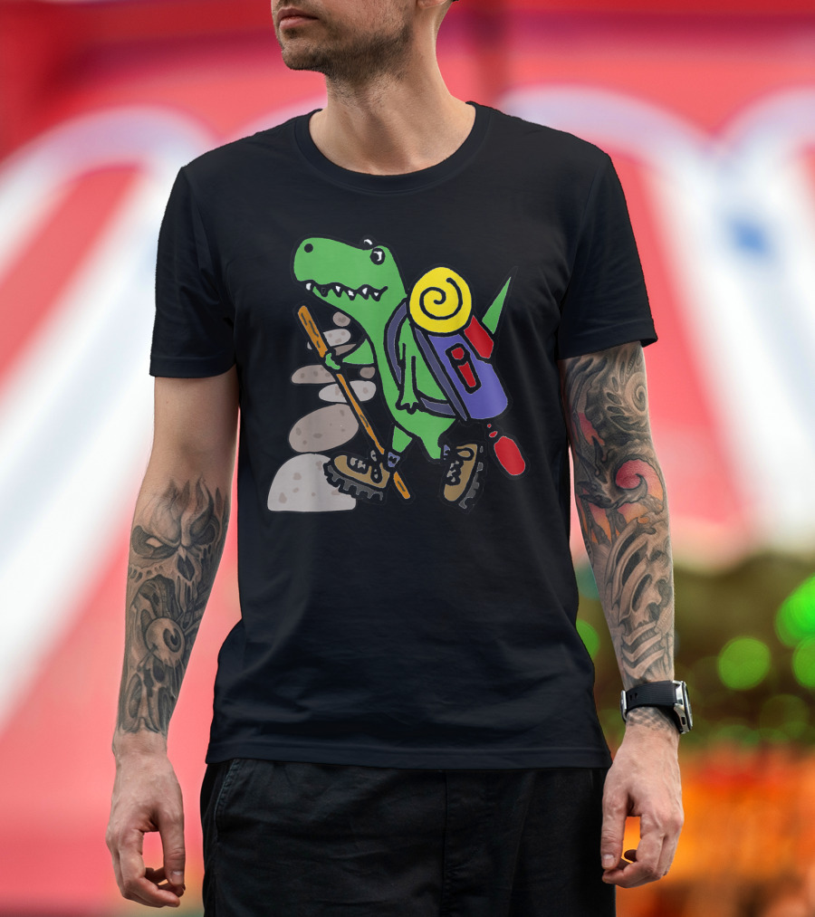 Smilessports Funny T-Rex Hiking Cartoon Dinosaur with Backpack and Stick T-Shirt