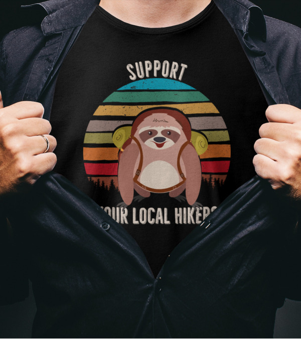Support Hiking Support Your Local Hikers Sloth Retro Stripes T-Shirt