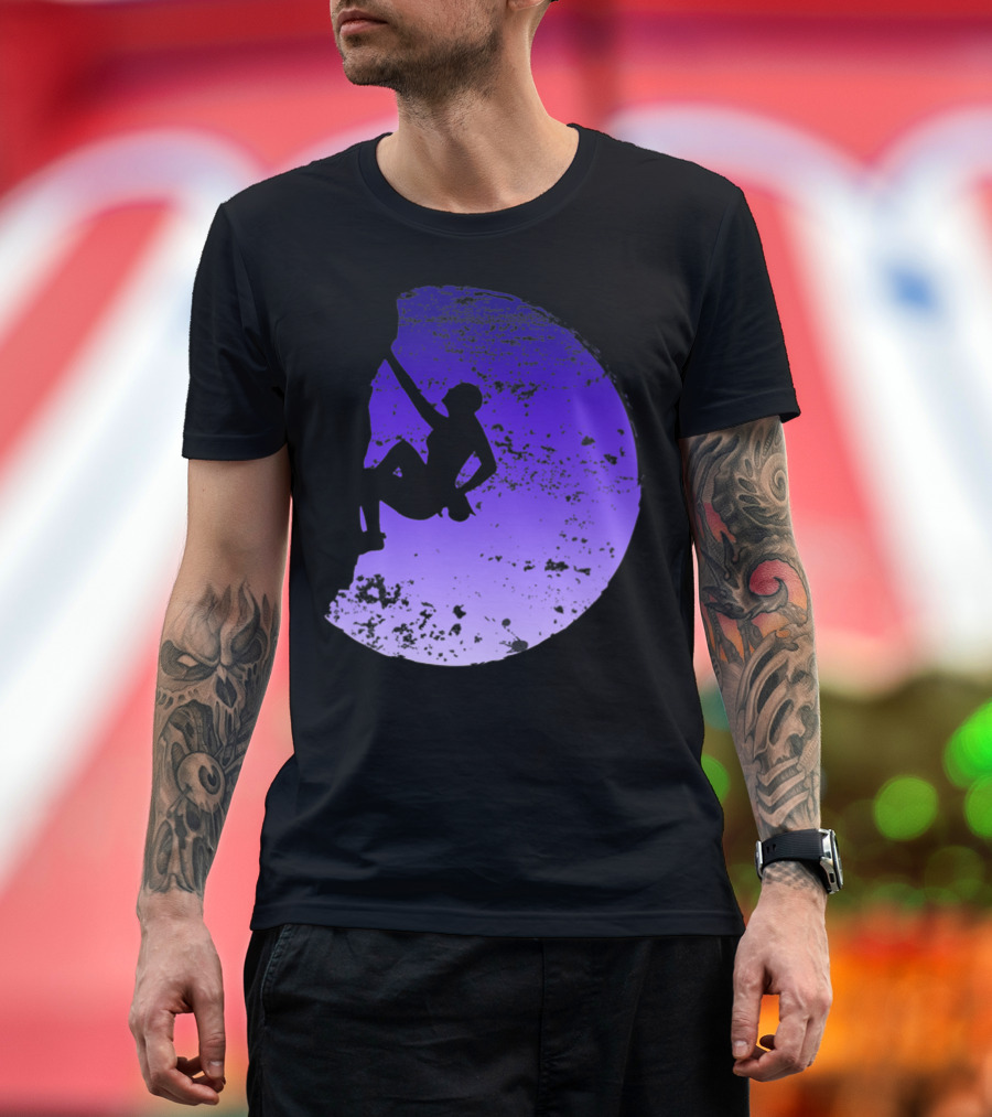 Rock Climbing Mountain Climber Silhouette Against Moonlit Sky T-Shirt