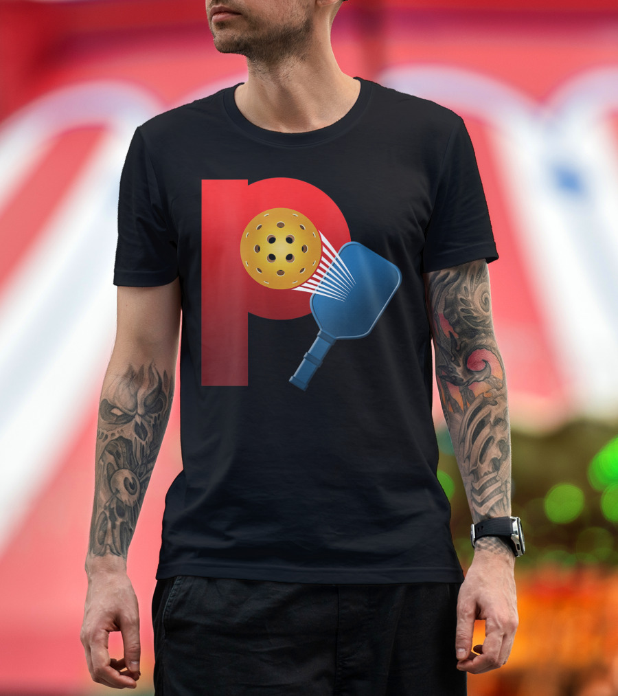 Power Pickleball Paddle and Ball Impact on Bold Red P T-Shirt