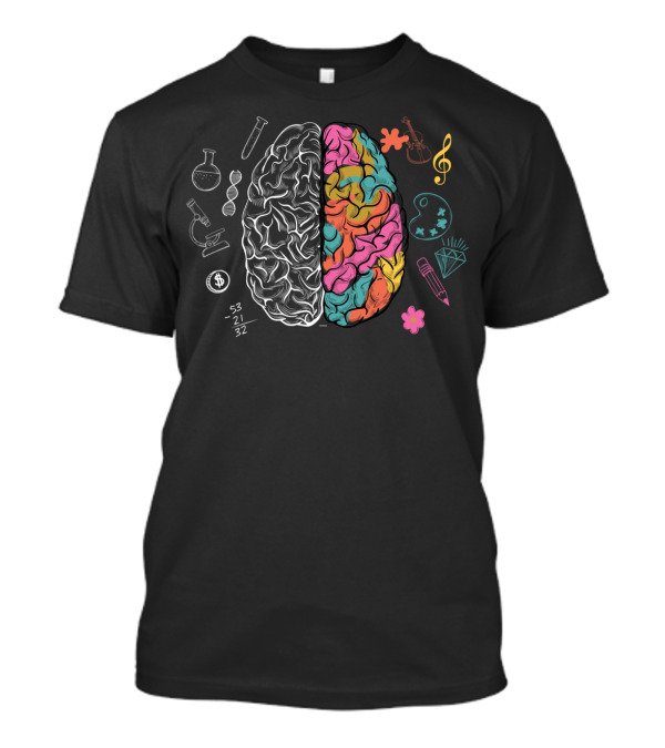 Creative Science Nerd Colorful Human Brain With Lab Equipment And Art Symbols T-Shirt