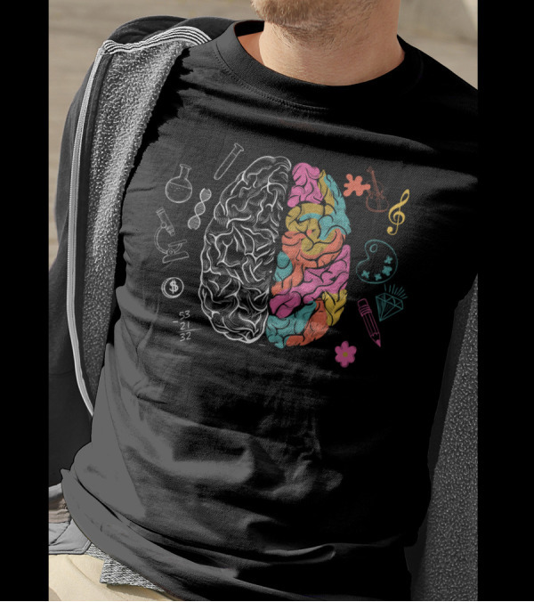 Creative Science Nerd Colorful Human Brain With Lab Equipment And Art Symbols T-Shirt