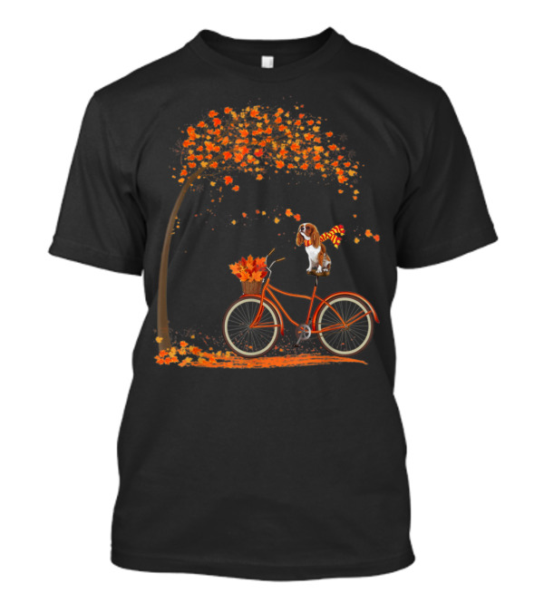 Cavalier King Charles Spaniel Riding Bicycle Under Fall Tree T-Shirt