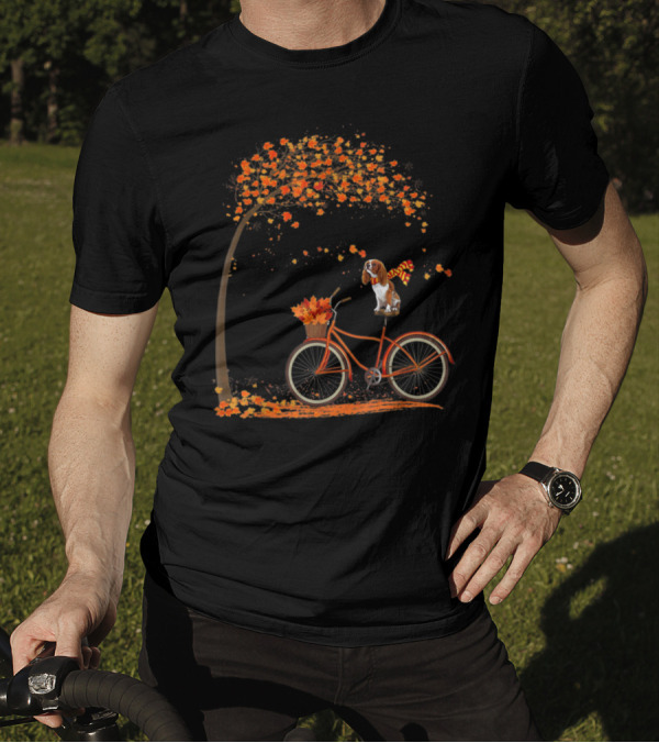 Cavalier King Charles Spaniel Riding Bicycle Under Fall Tree T-Shirt