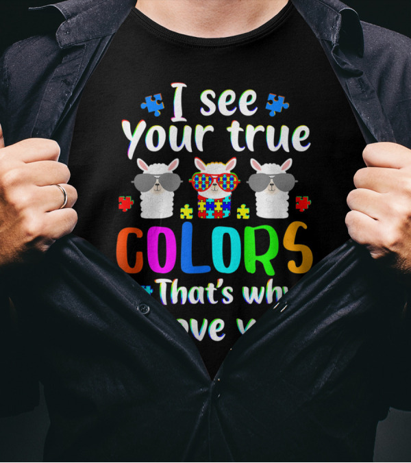 I See Your True Colors That's Why I Love You Autism Puzzle Alpaca Sunglasses T-Shirt