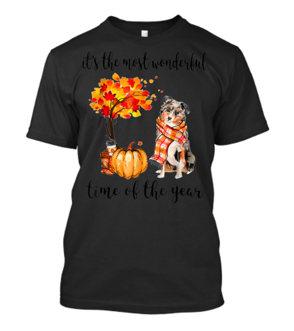It's The Most Wonderful Time Of The Year Aussie Autumn Dog With Leaves And Pumpkin T-Shirt