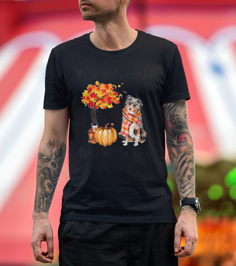 It's the Most Wonderful Time of the Year Aussie Autumn Dog with Leaves and Pumpkin T-Shirt