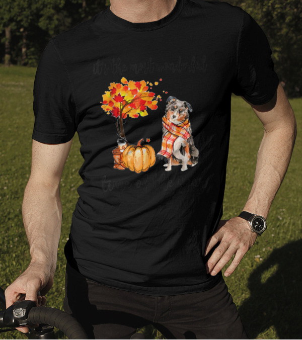 It's The Most Wonderful Time Of The Year Aussie Autumn Dog With Leaves And Pumpkin T-Shirt
